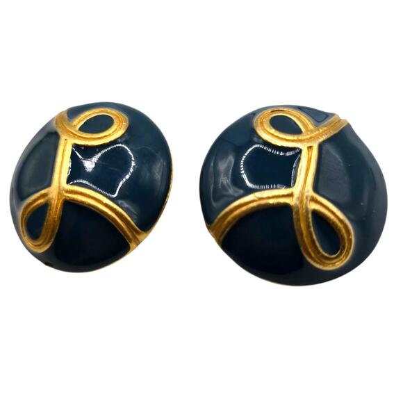 Monet Swirling Ribbon Earrings Clip On Blue Enamel Round Gold Tone Vintage - Picture 5 of 8